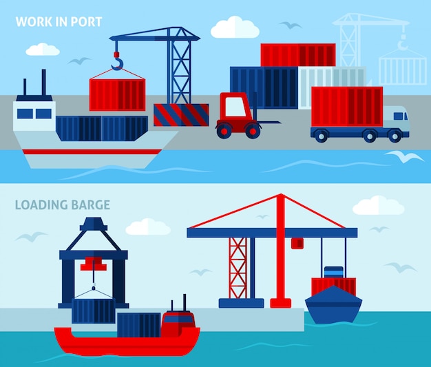 Free vector flat color seaport  horizontal banners