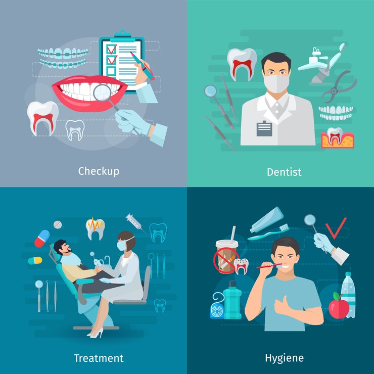 Free Vector flat color teeth care concept square composition of medical checkup dentist tools treatment and hygiene isolated vector illustration