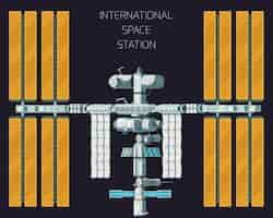 Бесплатное векторное изображение Плоская цветная концепция орбитальной международной космической станции с видом сверху и желтыми панелями