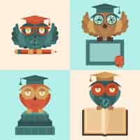 Free vector flat colored owl in graduation caps with books and diploma silhouette set isolated vector illustration