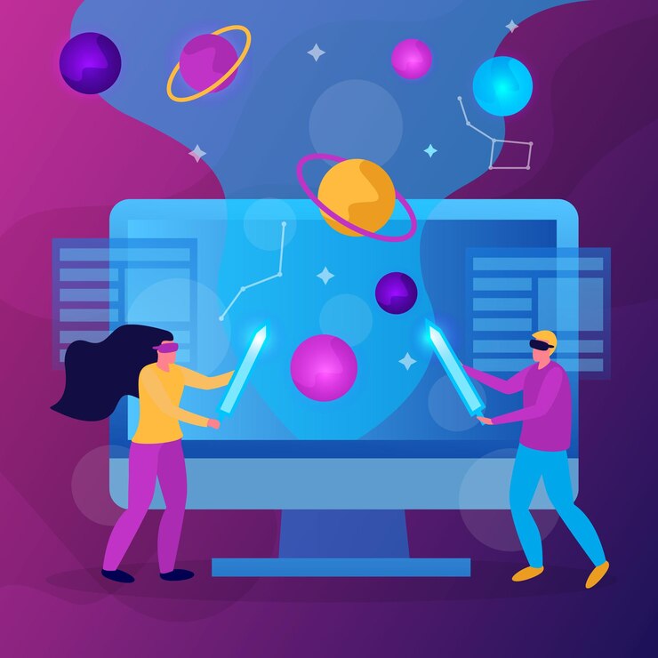 Free Vector flat colored virtual reality composition with abstract concept of vr game vector illustration