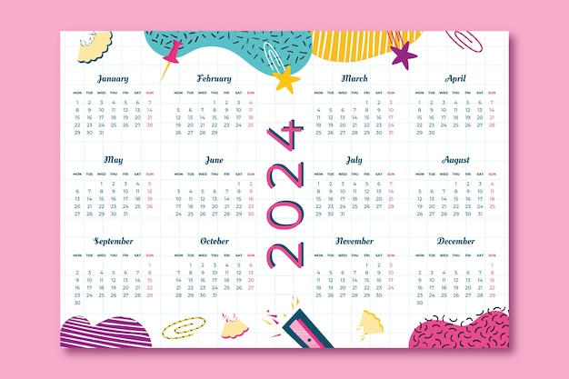 Free vector flat colorful 2024 calendar template with stationery