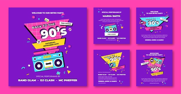 Flat colorful 90s party instagram posts collection