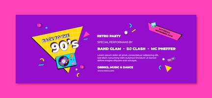 Flat colorful 90s party social media cover template