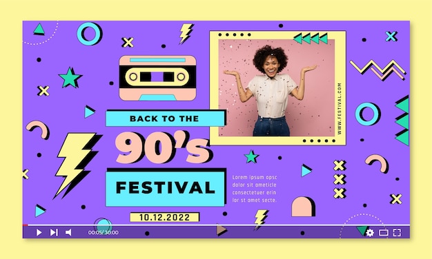 Free vector flat colorful 90s party youtube thumbnail