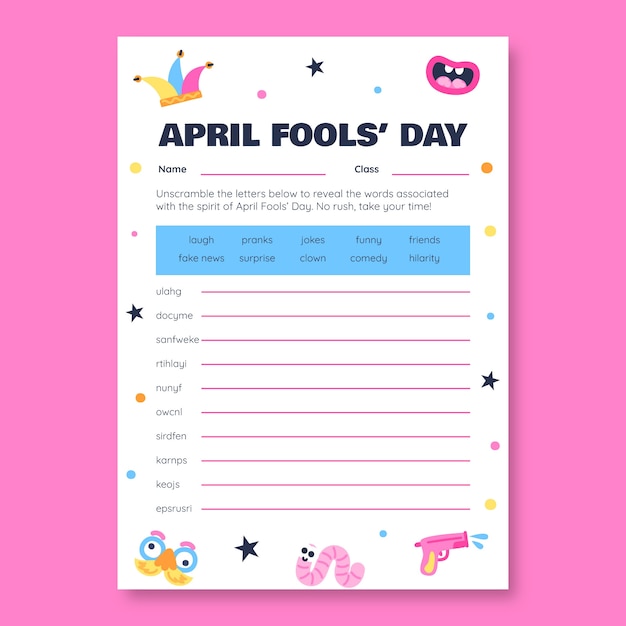 Flat colorful april fools' day scramble worksheet