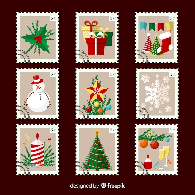 Free vector flat colorful christmas stamps pack