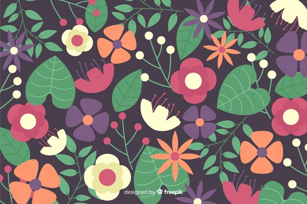 Flat colorful flowers and leaves background