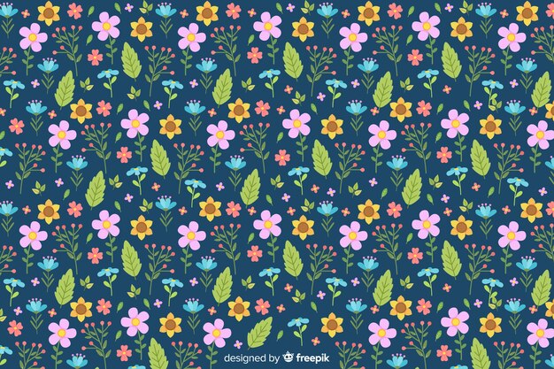 Flat colorful flowers and leaves background