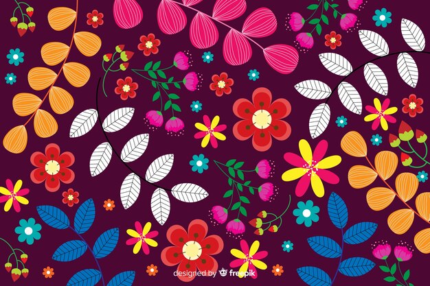 Flat colorful flowers and leaves background