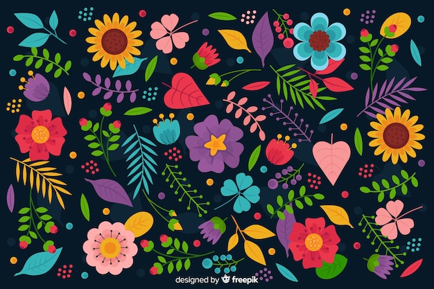 Free vector flat colorful flowers and leaves background