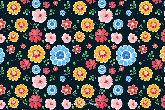 Flat colorful flowers and leaves background