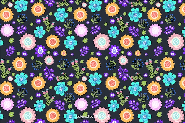 Flat colorful flowers and leaves background