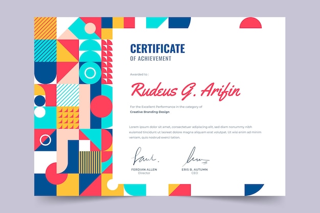 Free vector flat colorful mosaic certificate template