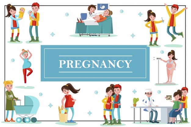 행복 돌보는 아버지와 임신 출산 동안 다른 상황에서 임산부 플랫 다채로운 임신 템플릿