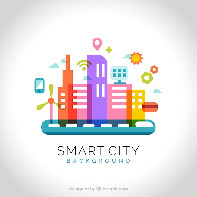 Бесплатное векторное изображение Плоский красочный фон город-технологический