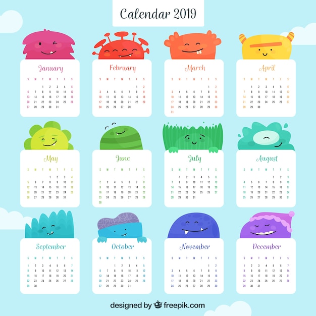 Calendario colorato piatto per l'anno 2019