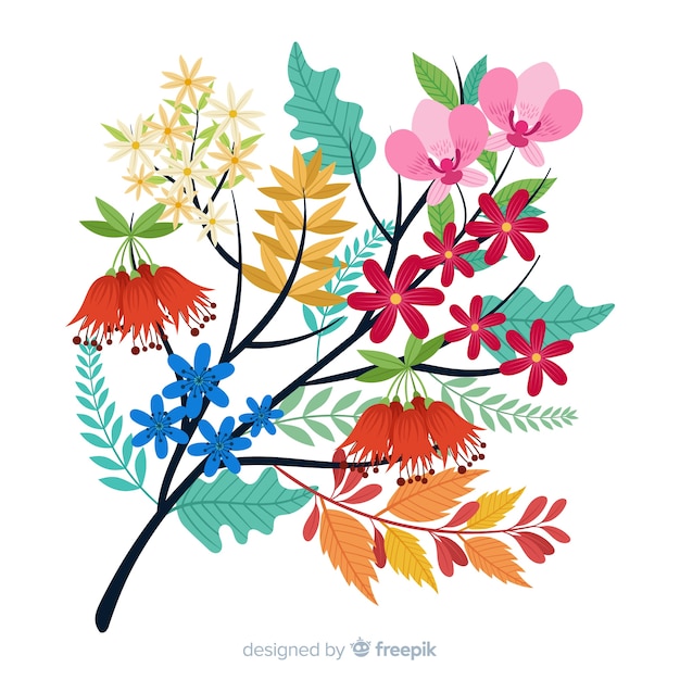 Бесплатное векторное изображение Плоские красочные цветочные ветви на белом фоне