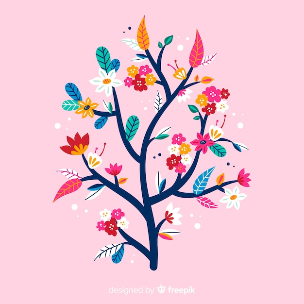 Flat colourful floral branch on pink background