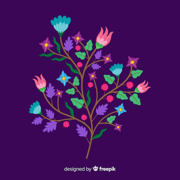 Free vector flat colourful floral branch on violet background