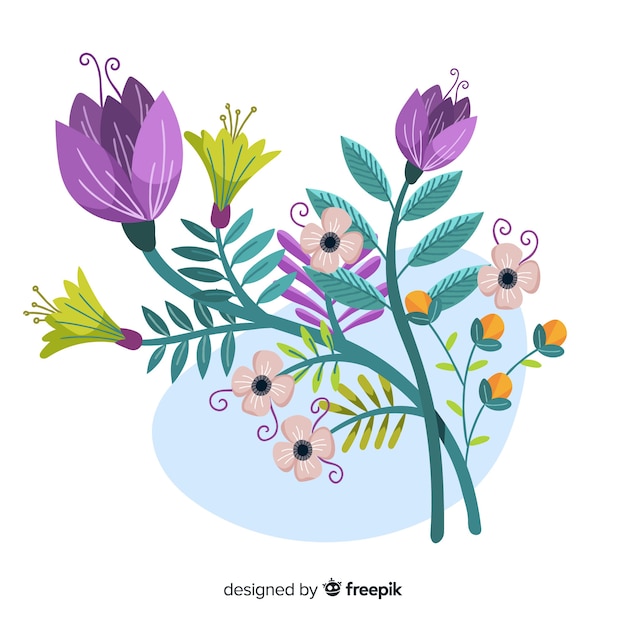 Vettore gratuito ramo floreale colorato piatto con fiori viola