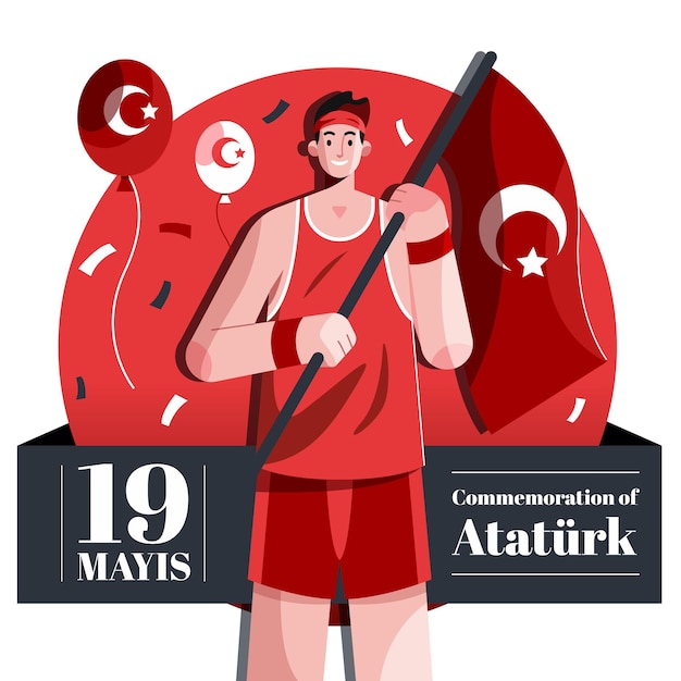 Commemorazione piatta di ataturk, gioventù e illustrazione della giornata sportiva