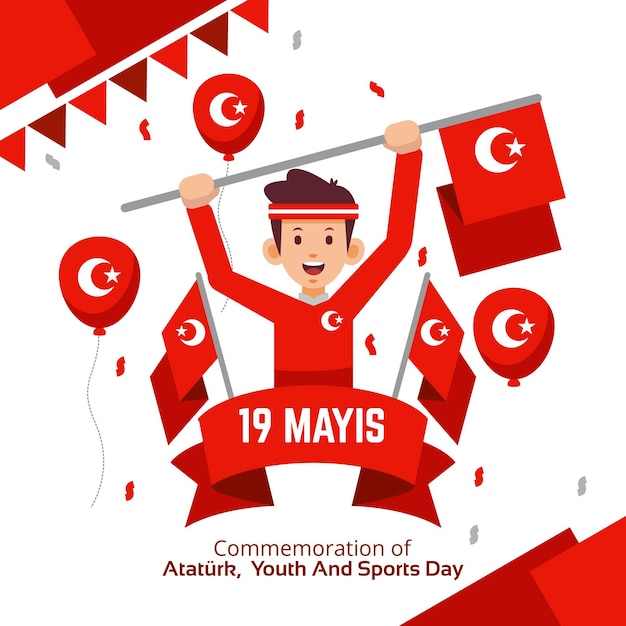 Commemorazione piatta di ataturk, gioventù e illustrazione della giornata sportiva