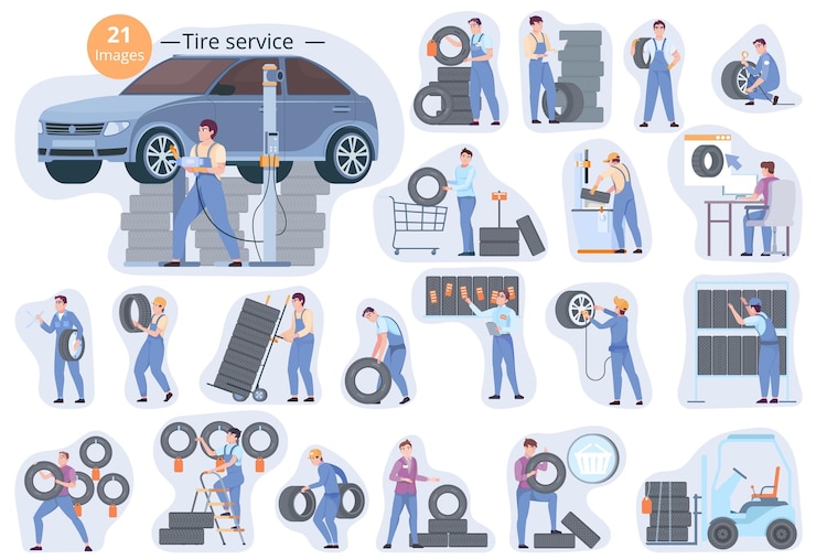Free Vector flat composition set with workers in uniform doing different work at tire service and shop isolated vector illustration