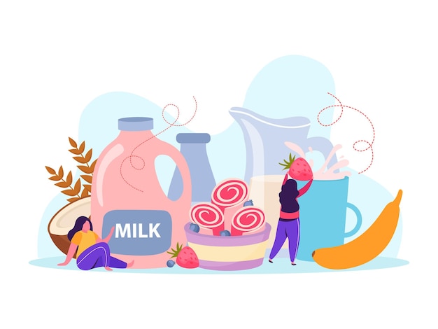 Плоская композиция с миской мороженого, бутылкой, банкой, чашкой молочных банановых ягод, кокосовой векторной иллюстрацией