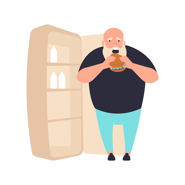 冷蔵庫のイラストの横にハンバーガーを食べる太った男のキャラクターとフラットな構成 プレミアムベクター
