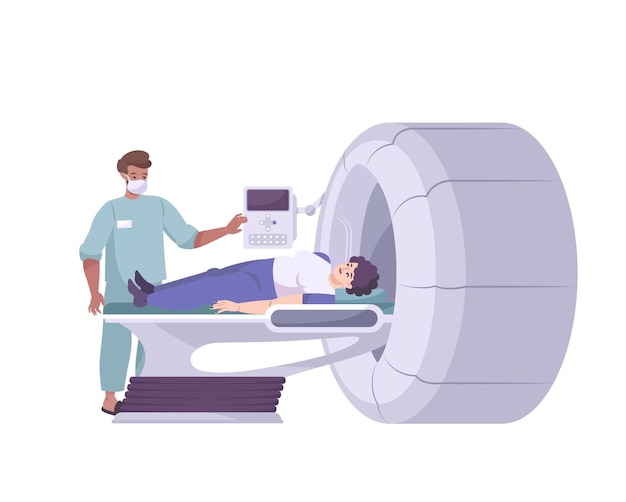 Flat composition with doctor and patient on screening apparatus illustration