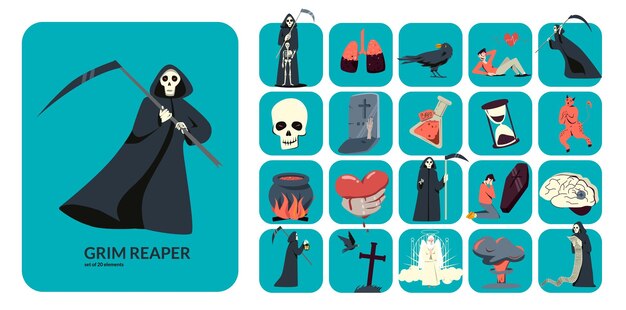 Vettore gratuito composizione piatta con figura grim reaper e 20 icone quadrate con simboli di morte illustrazione vettoriale