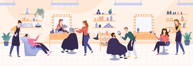 Free vector flat composition with hair salon interior hairdressers and barber working with clients vector illustration