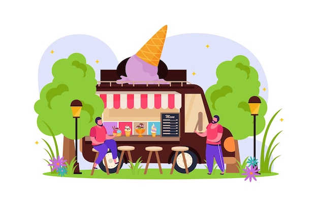 Composizione piatta con camion dei gelati e due clienti in estate illustrazione