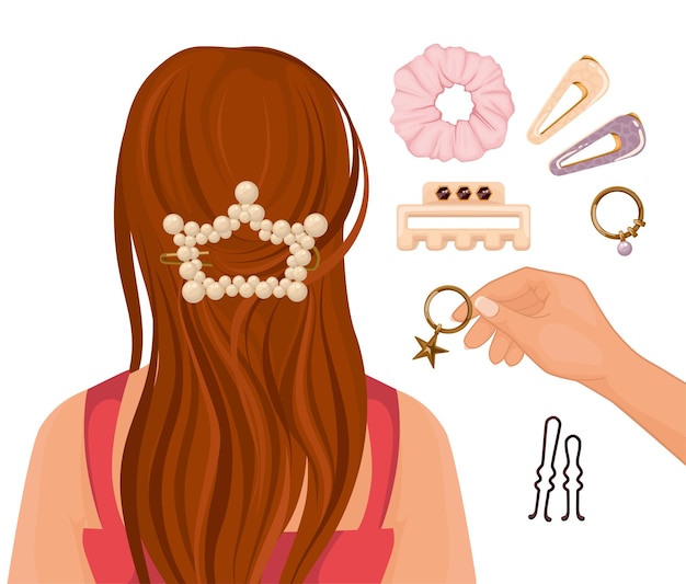 Flat composition with longhaired young girl and hairdressers hand holding bijouterie item for female hairstyling decoration illustration