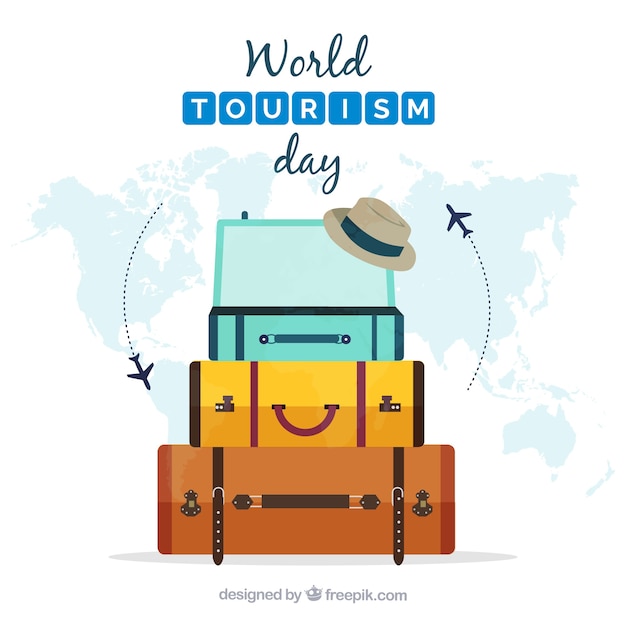 Flat composition with luggage and world map