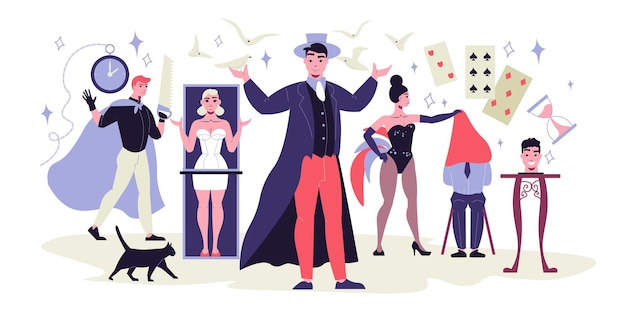 Free vector flat composition with magic show actors magicians assistants wearing stage costumes and equipment for performance illustration