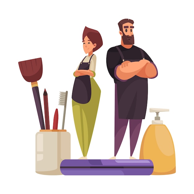 Free vector flat composition with male and female hair stylists cosmetics and beauty tools