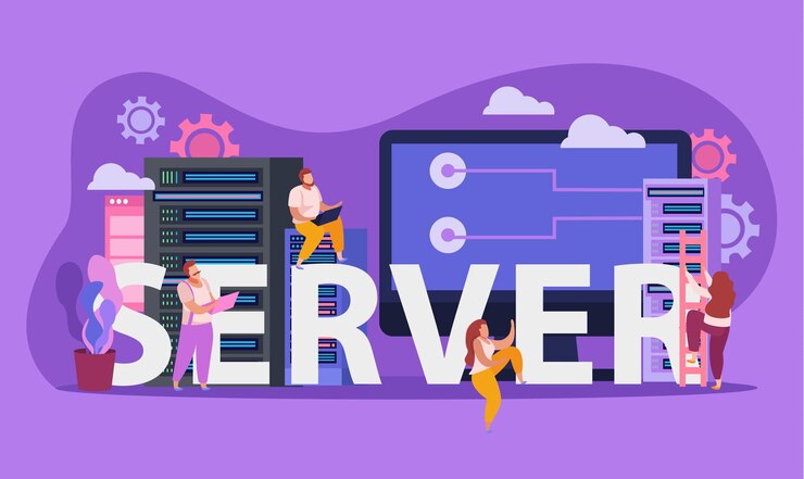 Free Vector flat composition with male and female system administrators server computer monitor 
