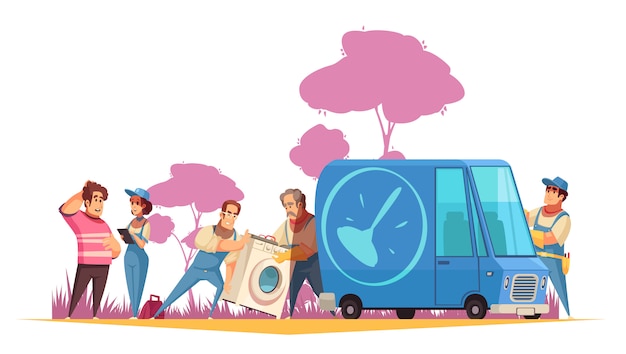 Free vector flat composition with plumbers transporting washing machine to service center for repair  cartoon  illustration