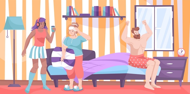 Flat composition with three people in room and guy stretching on bed two girls talking