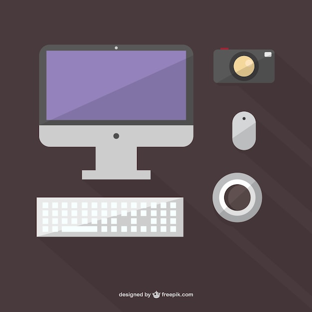 Free vector flat computer, keyboard and camera