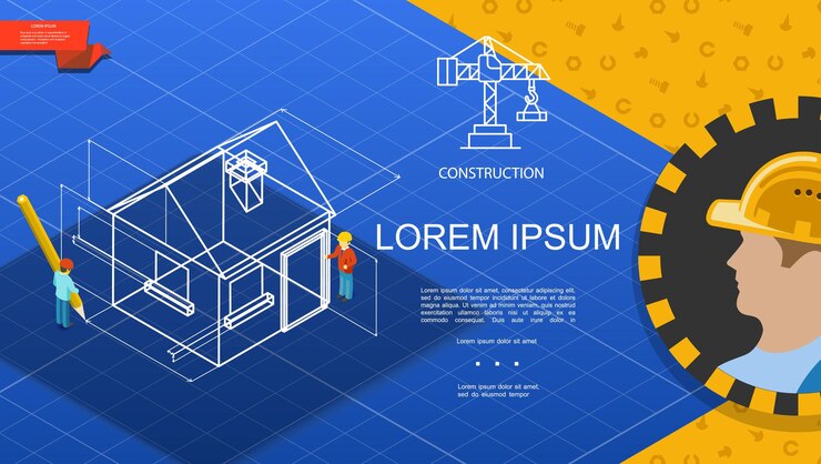 Free Vector flat construction industry template with builder and engineers design model of house on blue background   illustration