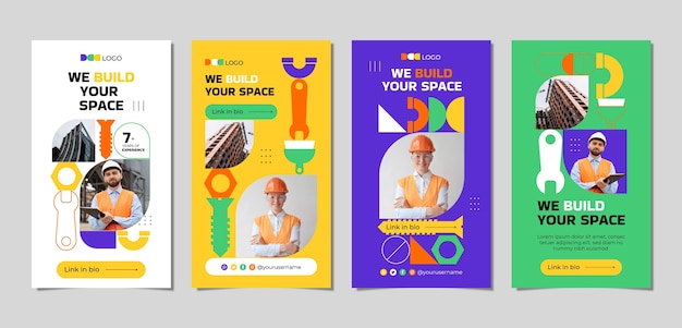 Free vector flat construction instagram stories collection