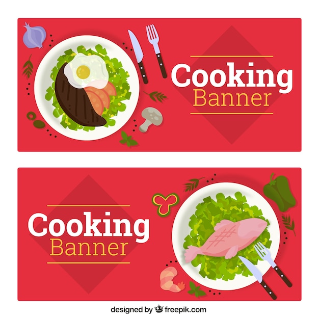 Flat cooking banners with healthy food