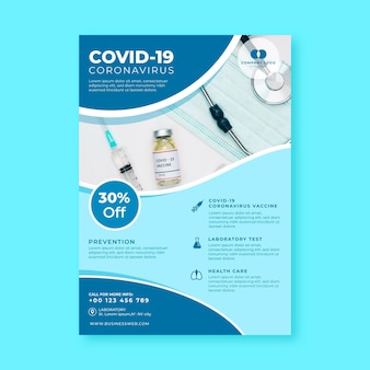 Flat coronavirus medical products poster template with photo