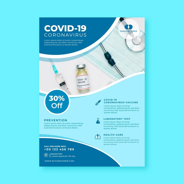 Flat coronavirus medical products poster template with photo