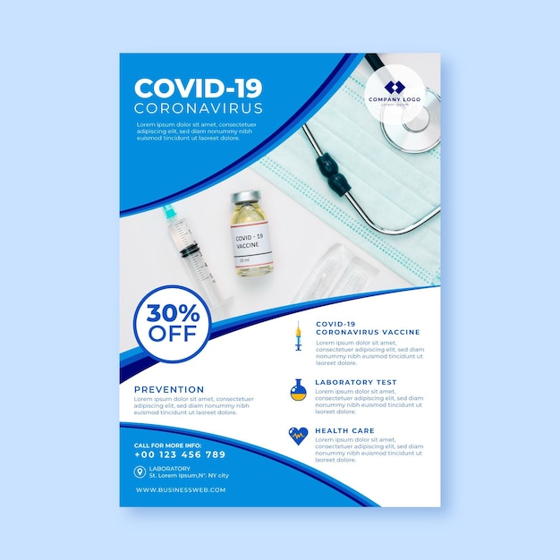 Flat coronavirus medical products poster template with photo Free Vector