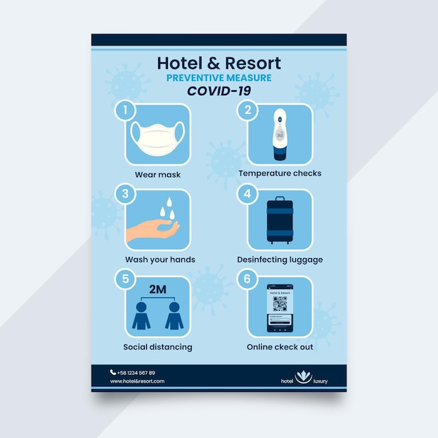 Poster piatto di prevenzione del coronavirus per hotel