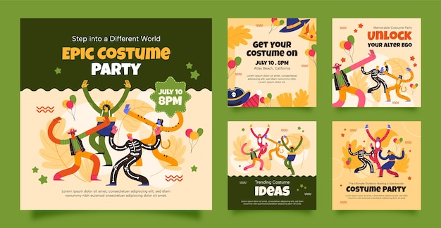 Free vector flat costume party instagram posts collection